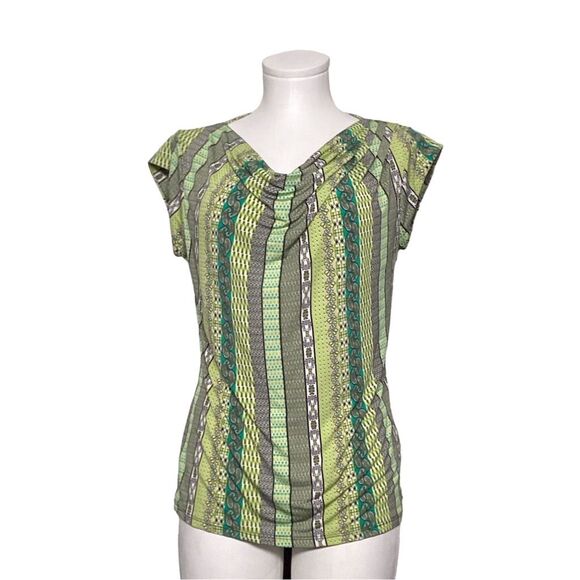 Premise Tops - Premise Women's Green Geometric Blouse Size M Short Sleeve Casual Top